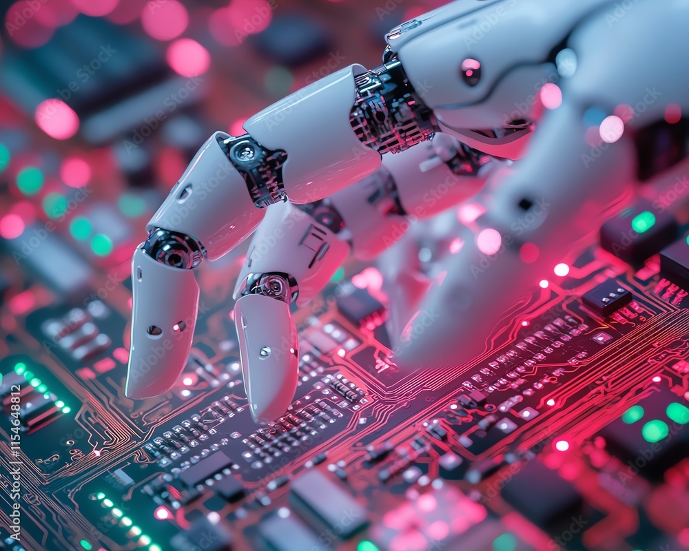 Poster robot finger touching a digital circuit board with intricate computer chip details, representing cut