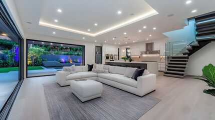 A high-angle view of a newly remodeled basement featuring modern features like a gray-toned wood-look floor and a large white sectional sofa