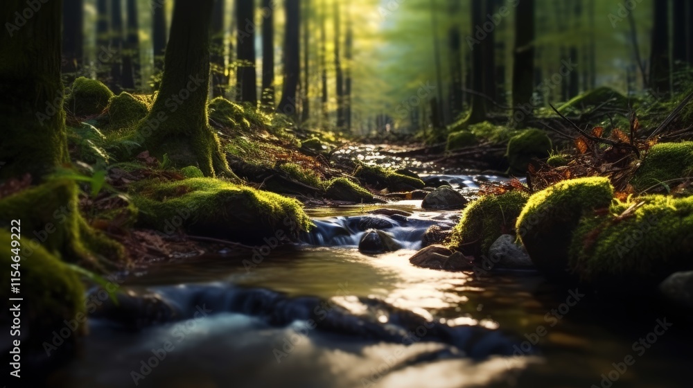 Poster serene forest stream flowing through lush greenery with sunlight filtering through trees creating a 