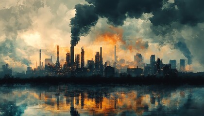 Naklejka premium abstract scene of factory pollution overwhelming nature, heavy industry buildings, smogfilled sky, barren soil, poisoned landscape