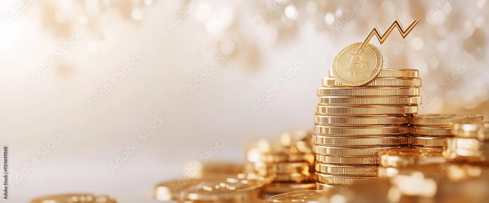 Poster stacked gold coins with a rising graph symbolizing cryptocurrency value.