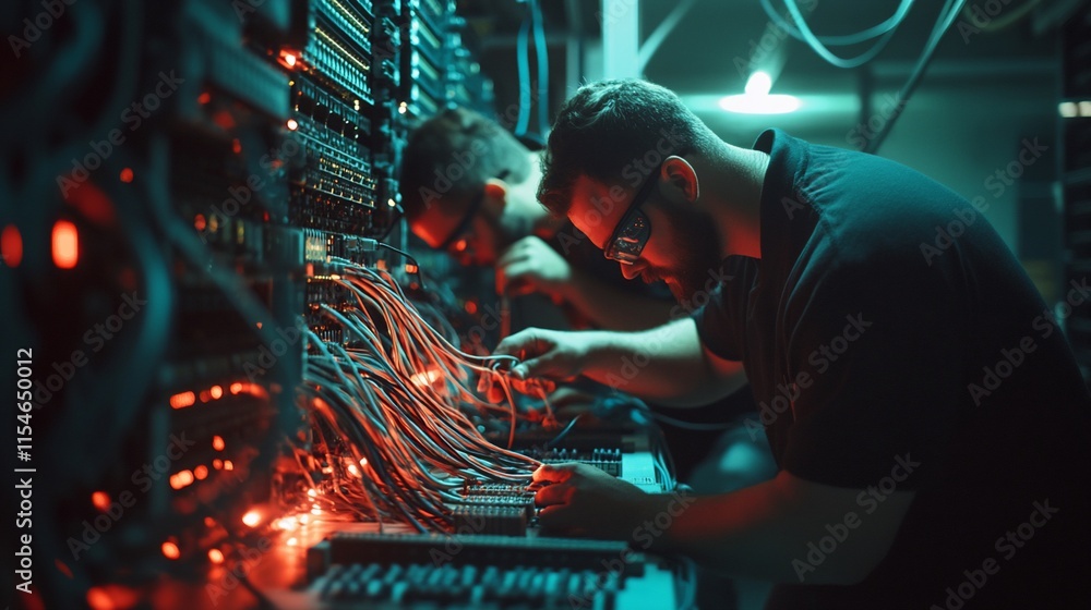 Poster technicians working on server equipment in a dimly lit data center.