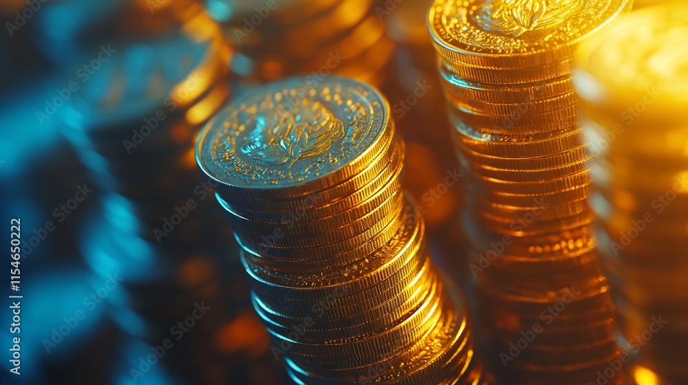 Poster stacks of gleaming coins illuminated in a vibrant setting.