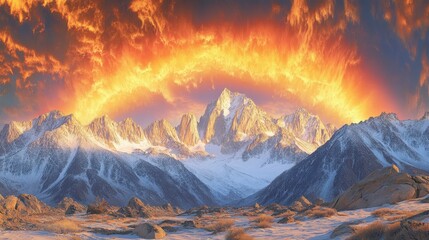 Fototapeta premium Fiery sunset over snow-capped mountains.