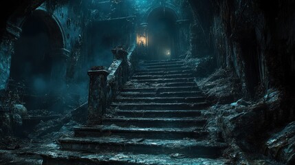 Fototapeta premium A dimly lit staircase in a decaying, atmospheric setting evokes mystery and intrigue.