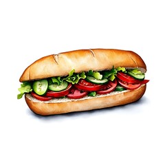 A vibrant watercolor painting of a sub sandwich filled with fresh vegetables, including slices of tomato and cucumber, and lettuce.