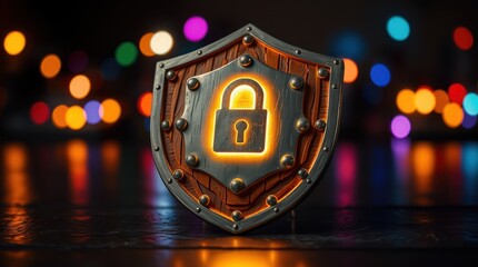 A shield with a glowing padlock symbol, representing security and protection.