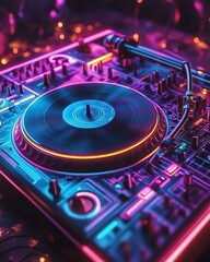 Dynamic DJ turntable with neon lights, vibrant cables, and colorful music notes, perfect for rave party vibes and 80s90s social media design