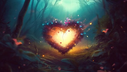Obraz premium Enchanted Forest with a Heart-Shaped Light Source Surrounded by Colorful Butterflies and Natural Elements