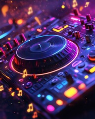 Dynamic DJ turntable with neon lights, vibrant cables, and colorful music notes, perfect for rave party vibes and 80s90s social media design