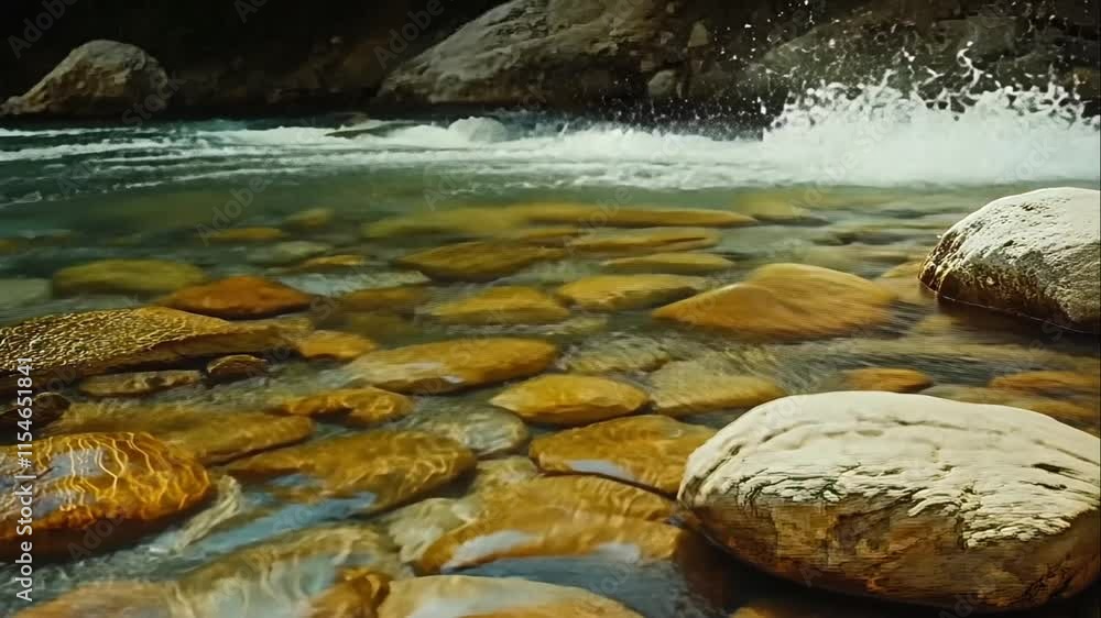 Poster clear stream water flows over smooth river rocks. animation looping video background. generated with