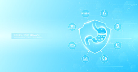 Shield healthy stomach build immunity with probiotics vitamins minerals and fiber beta carotene surrounded. Nourish by medical health care supplements. Used for designing food ads. Banner vector.
