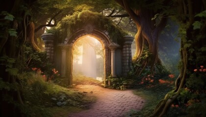 Fototapeta premium Enchanted Archway Surrounded by Lush Greenery and Vibrant Flora in a Mystical Fairy Landscape