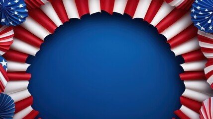 Presidents' Day promotion background concept. Festive red, white, and blue decorations frame a blue background, ideal for patriotic events and celebrations.