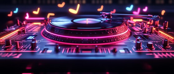 Neon DJ turntable with glowing cables, colorful music notes, and the vibrant pulse of nightlife, ideal for 80s90s rave party visuals