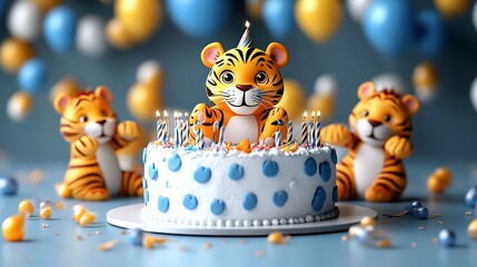 Obraz premium Cute tiger cub's first birthday cake with two tiger figurines.