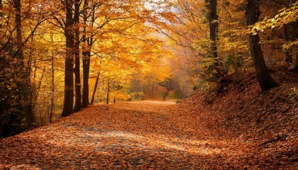 Fototapeta premium Golden Autumn Forest Path, Fall Foliage - Autumnal imagery