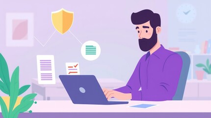 A man working on a laptop with security icons and documents in a modern office setting.