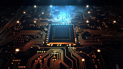 Abstract computer circuit design with intricate pathways and glowing elements showcasing modern technology and digital innovation