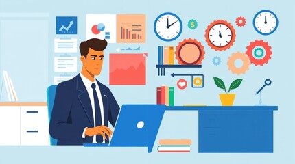 Fototapeta premium A businessman working at a desk with charts, clocks, and gears in a modern office setting.
