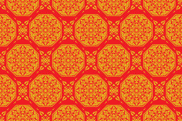 Seamless bold gold colored traditional Thai art floral pattern in damask style motifs suitable for wallpaper, blanket, curtain, cloth, tiles and fabric design isolated illustration archive EPS file.