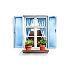 Serene Watercolor Window with Flowing Curtains