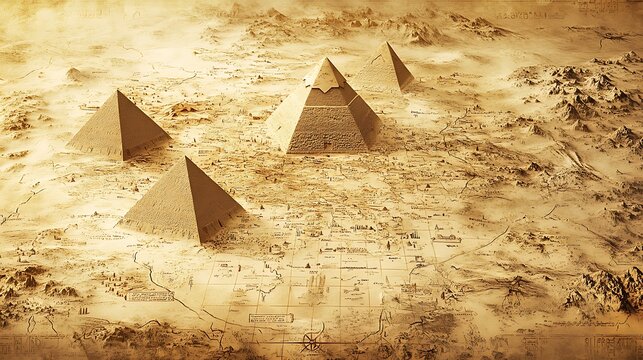 Ancient pyramids on desert landscape map.
