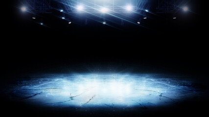 Ice. Realistic ice and snow on dark background. Glow on ice. Beautiful ice background. Winter background. Reflection. 3D rendering © Ruslan Shevchenko