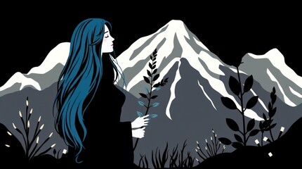 A serene woman with long blue hair stands amidst mountains and plants, symbolizing nature's beauty.