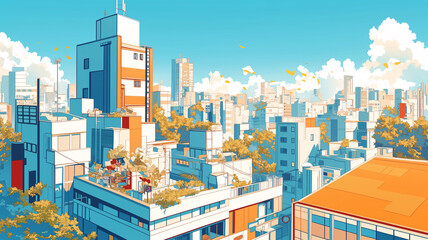 昼の都会とビル群のイラスト素材,背景,アニメ,イラスト,挿絵,