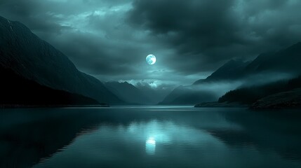 Naklejka premium Full moon reflecting on a serene, misty lake surrounded by dark mountains at night.