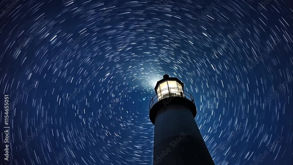Poster lighthouse under star trails at night. animation looping video background. generated with ai
