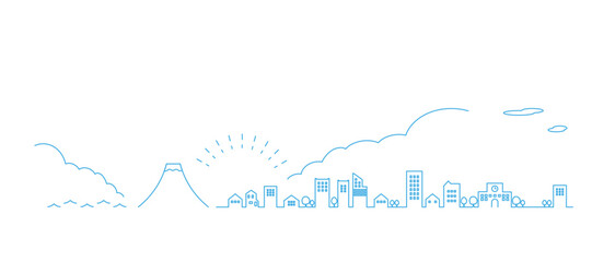 横長のシンプルな街並みと富士山のシルエットの線画イラスト　背景イラスト　都市景観