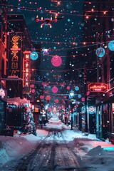 Vibrant Cyberpunk Street Decorated with Neon Signs and Holiday Cheer
