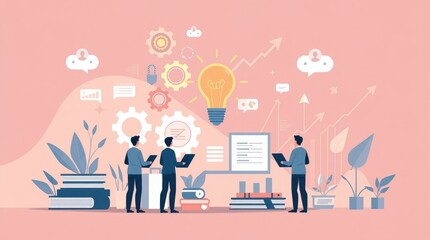 Illustration of teamwork in technology and innovation with graphs and gears.