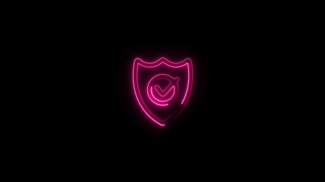 Neon shield sign protection concept. Neon security shield with check mark icon animation on a black background. Neon Glowing Glitch Shield icon animation.