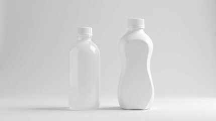 Two Blank White Plastic Bottles on a White Background, Ideal for Mockups and Branding Designs
