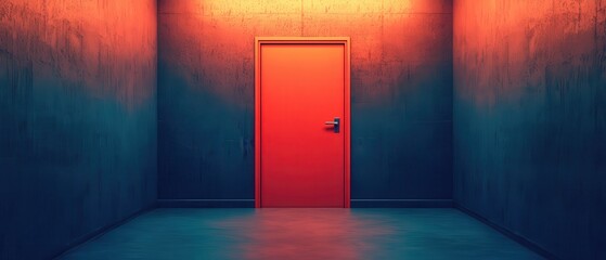 A vibrant red door stands alone in a dimly lit corridor, surrounded by deep blue walls, creating a striking contrast and an air of mystery.
