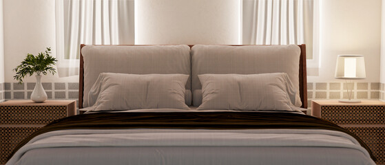 A comfortable grey bed in the middle, flanked by minimalist wooden bedside tables and sleek decor.