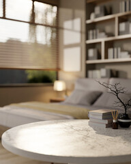 A close-up of a white marble table set against a blurred background of a comfortable modern bedroom.