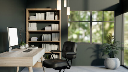 A modern dark green office workspace featuring a computer on a wooden table, a chair, and decor.