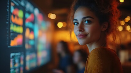 Woman looking at data on a large screen.