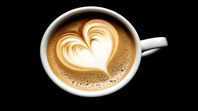 Overhead close-up of a cup of coffee with heart-shaped latte art. Animation looping video background. Generated with AI
