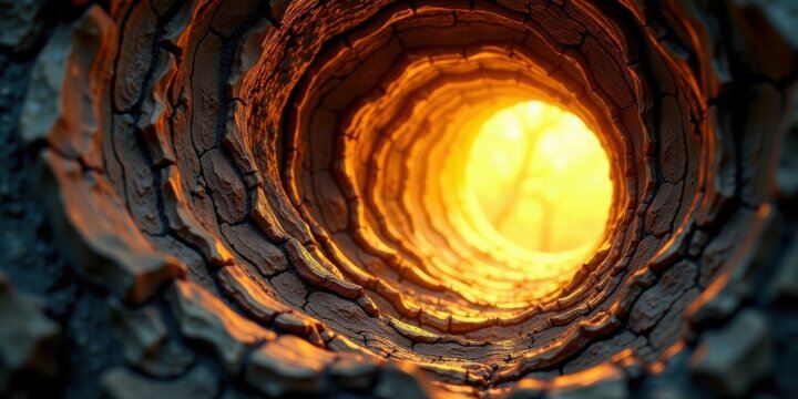 Illuminated passage through a textured, earthen tunnel leading to a radiant light source