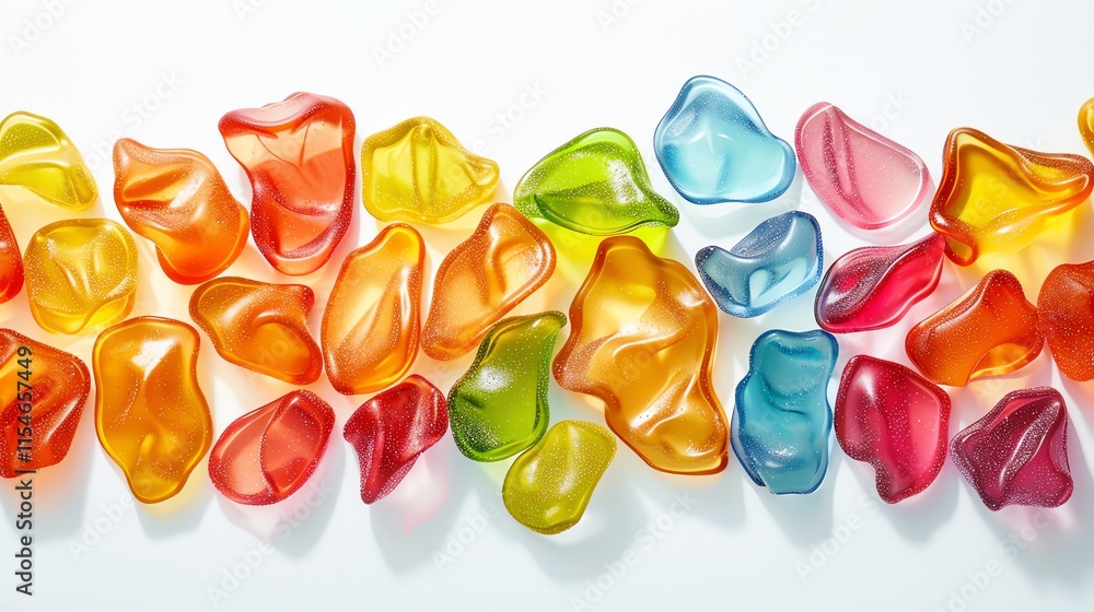 Poster colorful translucent gems arranged in a row on white background.