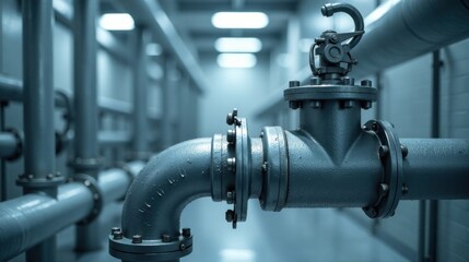 Fototapeta premium Industrial Piping System Close-up View of a Valve and Flange Connection in a Modern Facility
