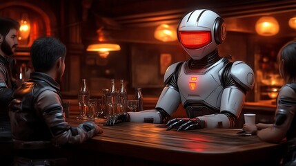 Robot bartender serves drinks to patrons in a dimly lit bar.