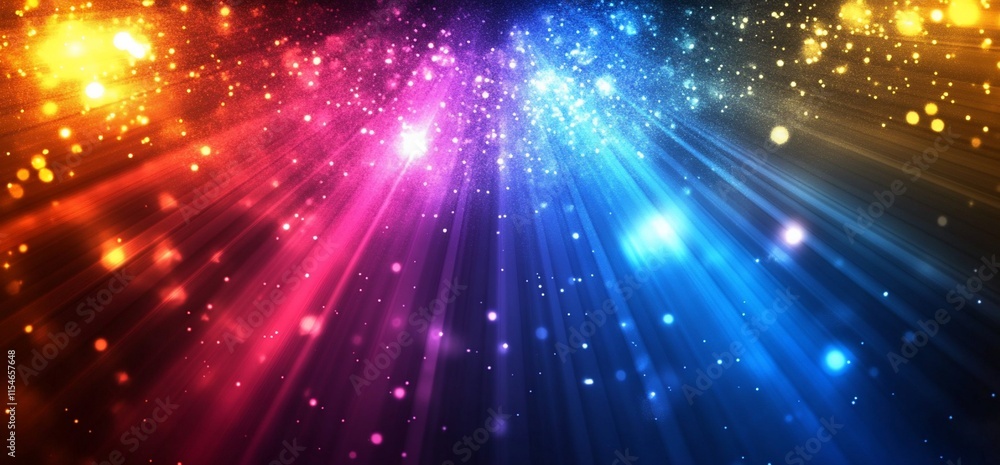 Poster vibrant rays of light in various colors create a dynamic, energetic atmosphere.