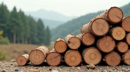 Stacked timber logs rest on gravel near a blurred forest background.  A pile of freshly cut lumber rests in the foreground, showing the natural wood grain and texture.