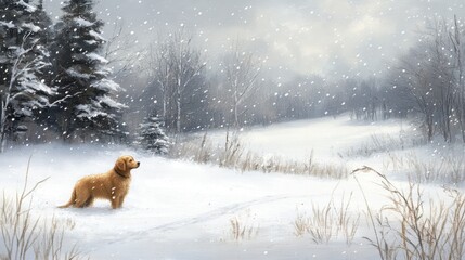 Golden retriever puppy in snowy winter landscape.
